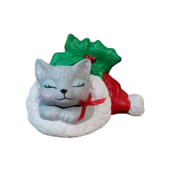 Ceramic Cat Christmas Hobbyist Figurine Kitten Stocking Holly Holiday Painted - Picture 1 of 7
